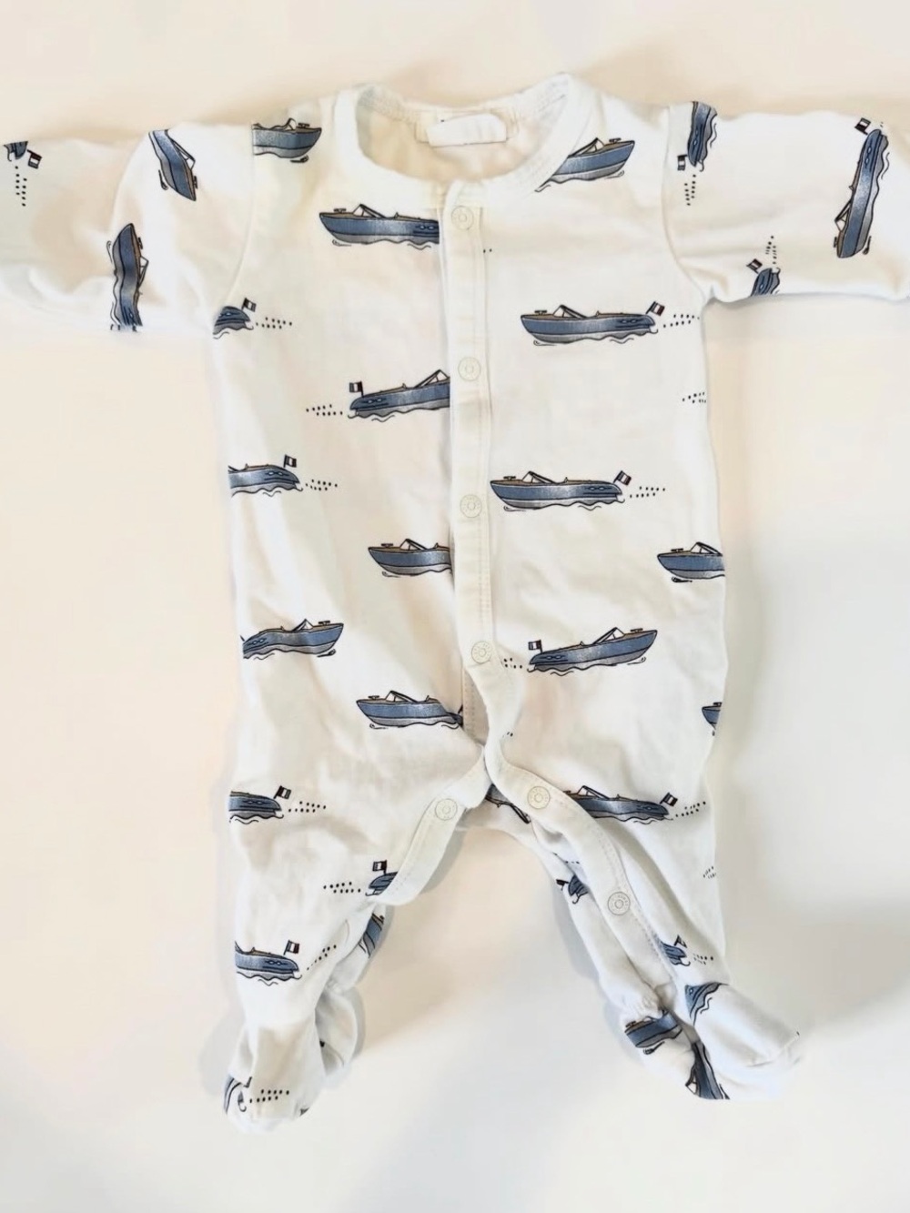 Baby One-Piece Footed Romper in White with Blue Boat Print